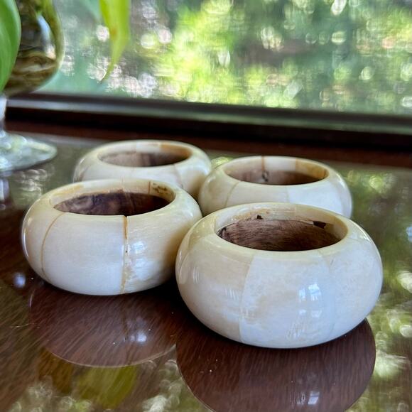 Vintage AUDREY Napkin Rings Soap Stone with Wood Core Set of 4 - Picture 7 of 11